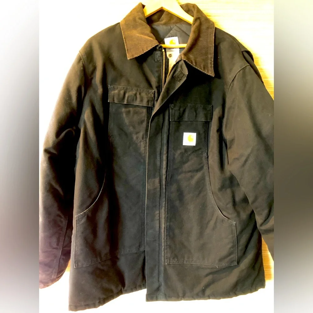 CARHARTT winter coat men’s sz 50T Blk canvas w/brown corduroy collar Looks new! - Picture 1 of 5
